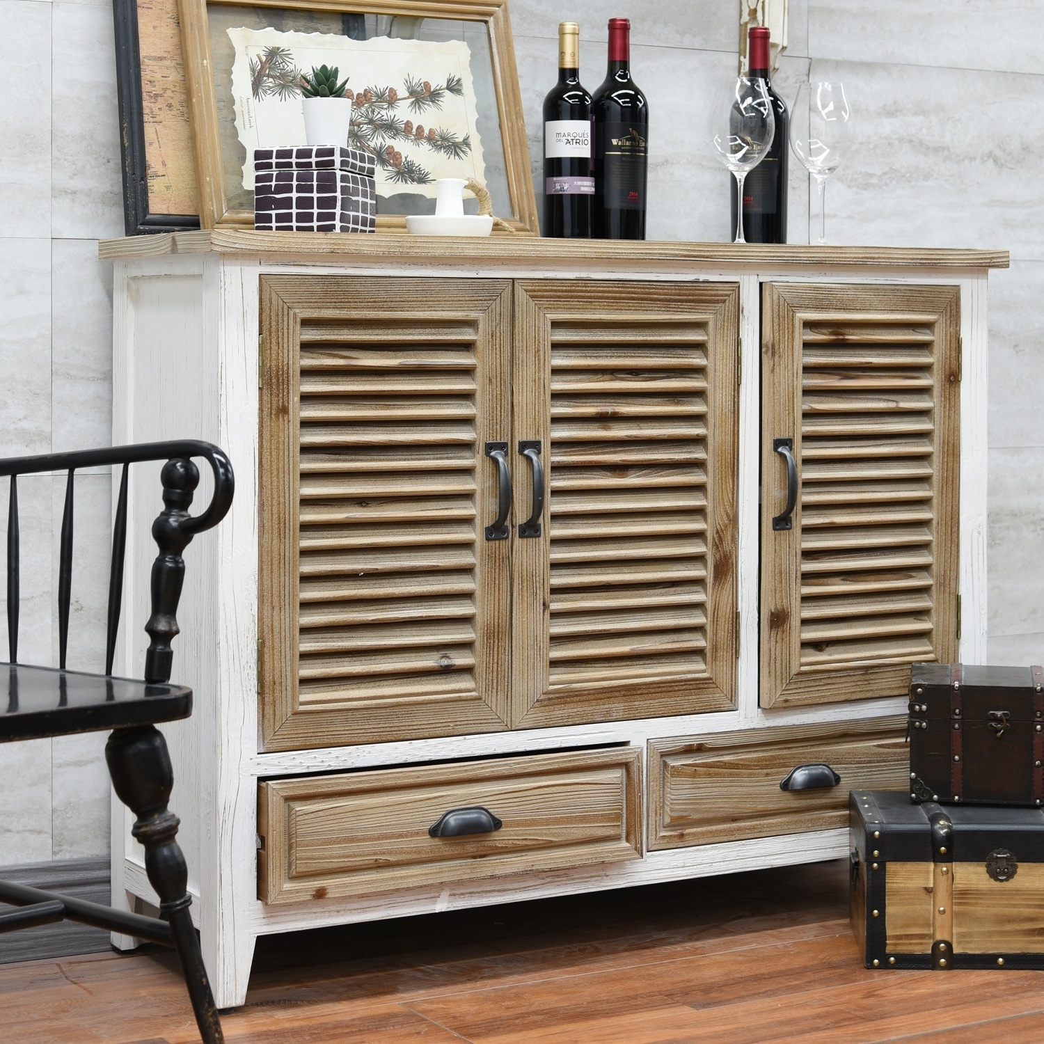 Innova Home Rustic Louvered Wood 3 drawer Cabinet Classical Vintage Antique Style Accent Furniture Cabinet