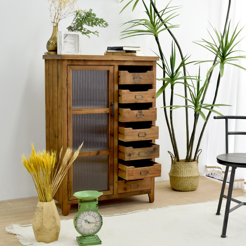 Farmhouse Dining Room Kitchen Furniture Retro Rustic Storage Reclaimed Wood Multi Drawer Sideboards Cabinet with Glass Door