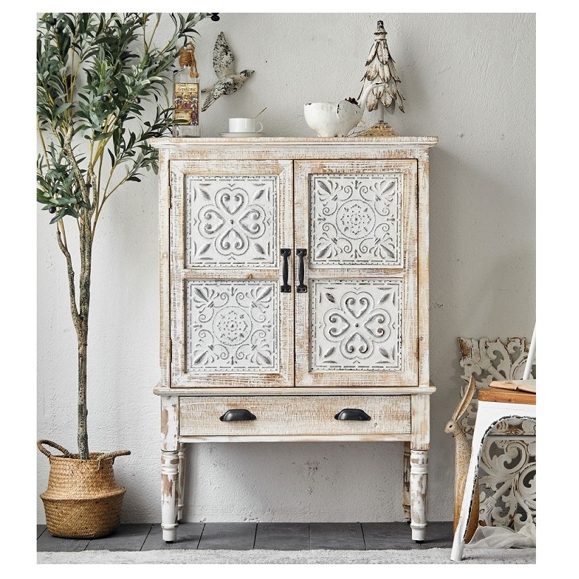 INNOVA home furniture rustic white drawer chest wood cabinet farmhouse folk style carved solid wood storage cabinet with leg