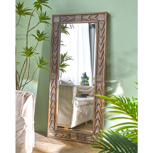 Innova Home Large decorative rustic rectangle full length glass wooden carving dressing floor mirror