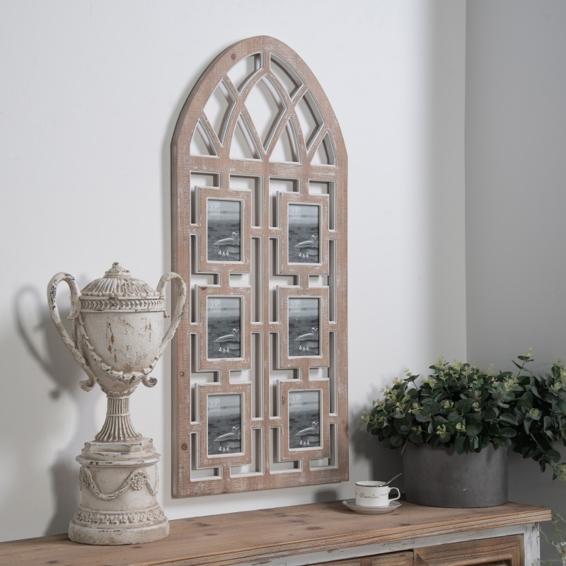 Rustic White-washed Living Space Wooden Mdf Window Arch Cathedral Collage Photo Frames with Six 4x6 Wall Picture Frames