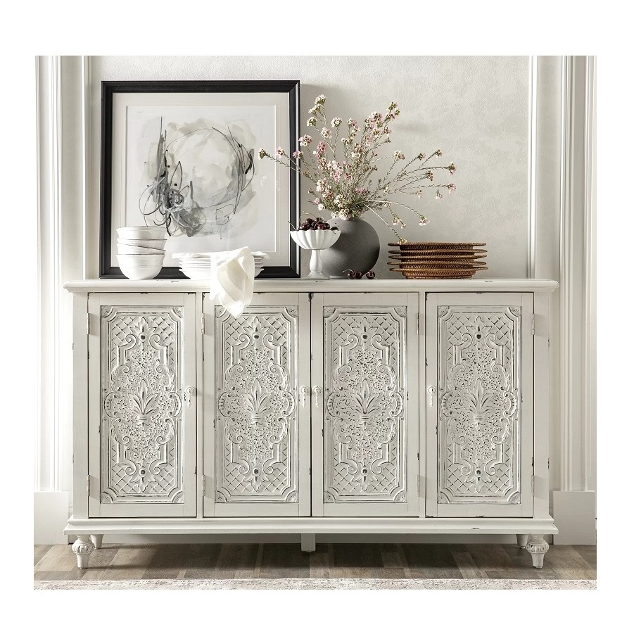 Farmhouse Decorative Distressed Tall Cabinet Carved Pattern Floral White Accent Storage Sideboard with 4 Doors Buffet Cabinet