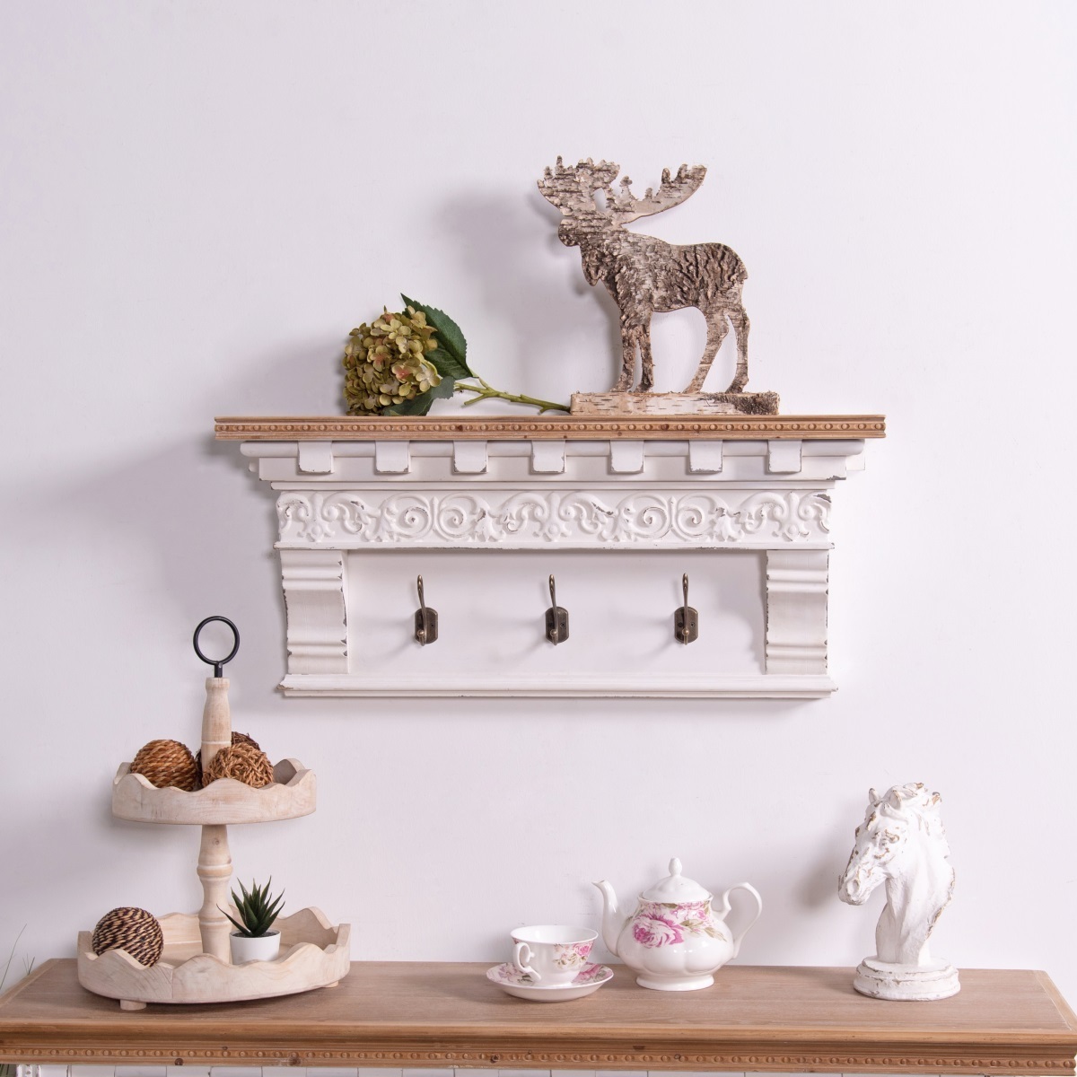 INNOVA Farmhouse Rustic Antique White Wall Mounted Wood Carved Home Decoration Storage Floating Shelf with hook