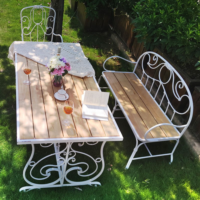 Hot Sale European Style Home Garden Outdoor Furniture Rustic White Metal Wood Double Seat Long Chair Bench