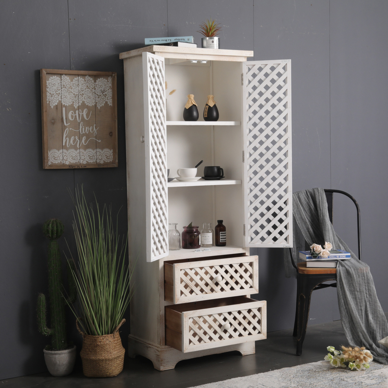 INNOVAHOME factory outlet accent plaid design solid wood tall white washed storage cabinet for living room