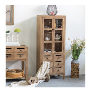 INNOVA living room furniture glass doors display recycled pine wooden small drawer storage tall cabinet