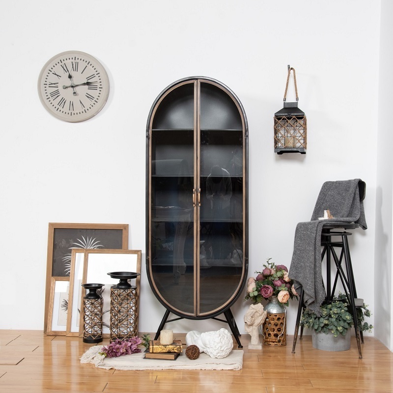 Modern Farmhouse living room Retro Arch Metal glass door Storage shoe cloth large 4 shelf console cabinet furniture black