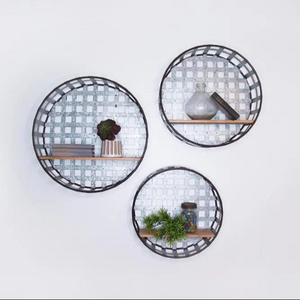 S/3 home storage wood and metal galvanized round rustic floating hanging decorative industrial wall mounted shelf