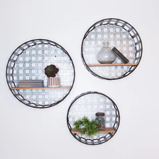 S/3 home storage wood and metal galvanized round rustic floating hanging decorative industrial wall mounted shelf