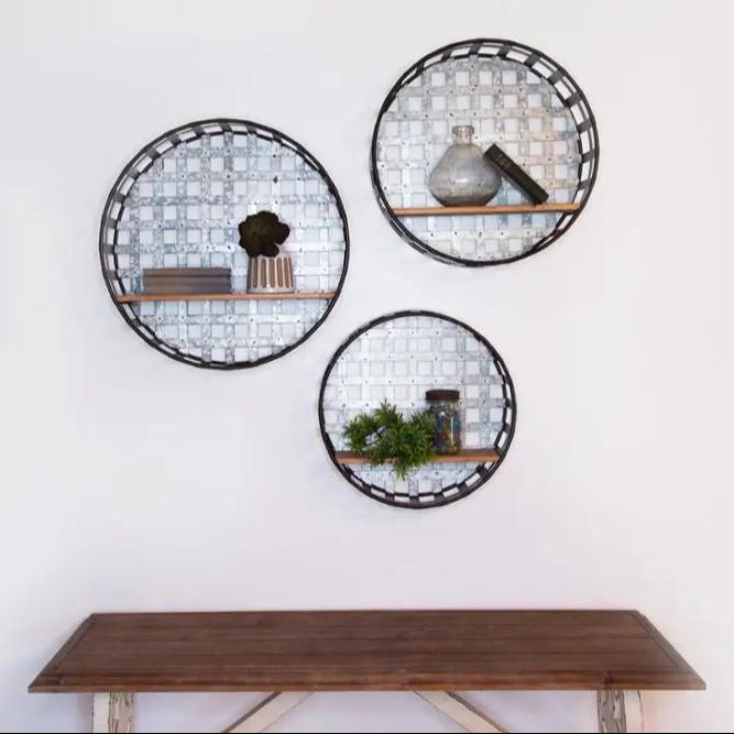 S/3 home storage wood and metal galvanized round rustic floating hanging decorative industrial wall mounted shelf