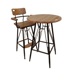 Promotion industrial designs restaurant home bar furniture antique round solid wooden coffee table chair with metal base