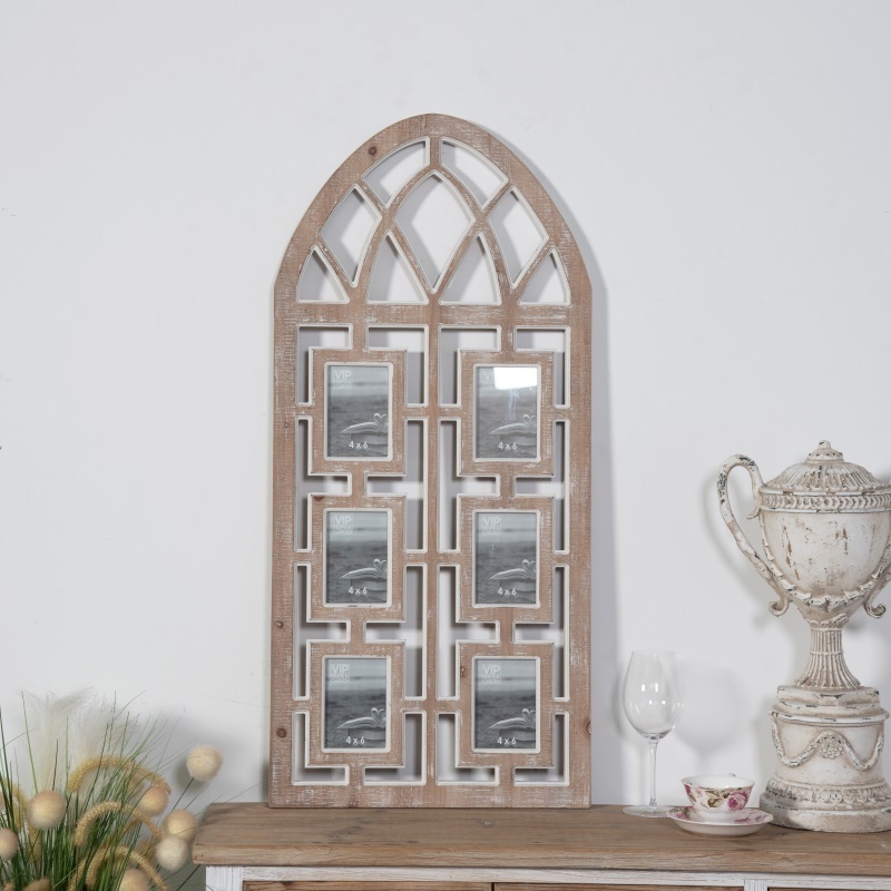 Rustic White-washed Living Space Wooden Mdf Window Arch Cathedral Collage Photo Frames with Six 4x6 Wall Picture Frames