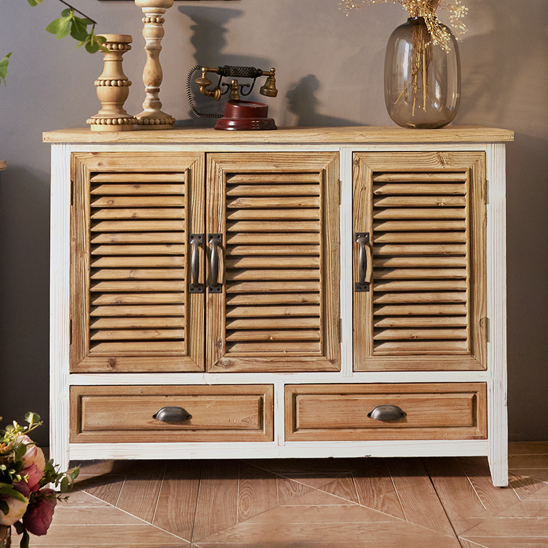 Innova Home Rustic Louvered Wood 3 drawer Cabinet Classical Vintage Antique Style Accent Furniture Cabinet