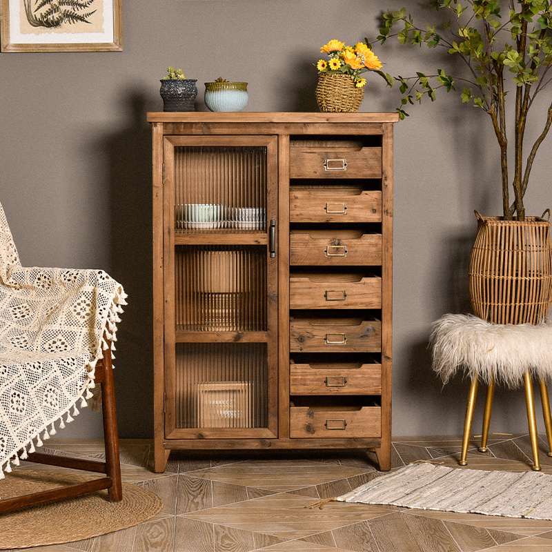 Farmhouse Dining Room Kitchen Furniture Retro Rustic Storage Reclaimed Wood Multi Drawer Sideboards Cabinet with Glass Door