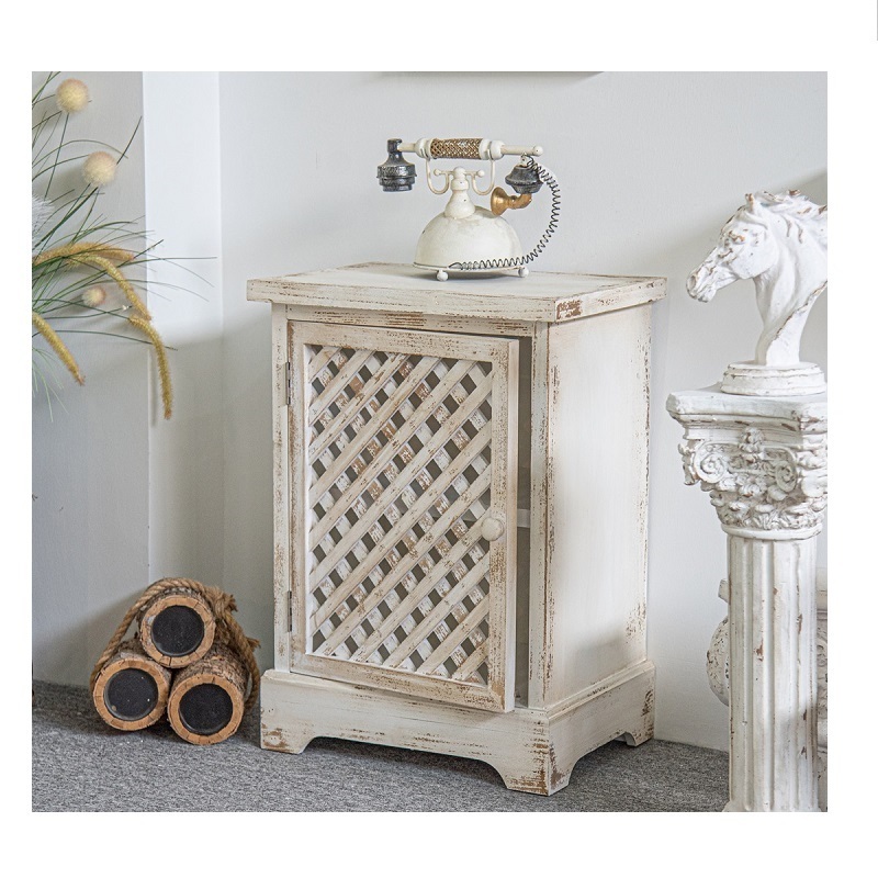 INNOVA Distressed Furniture Living Room Storage Cabinet Rustic White Carved Wooden Door Side Table Chest Cabinet with Shelves