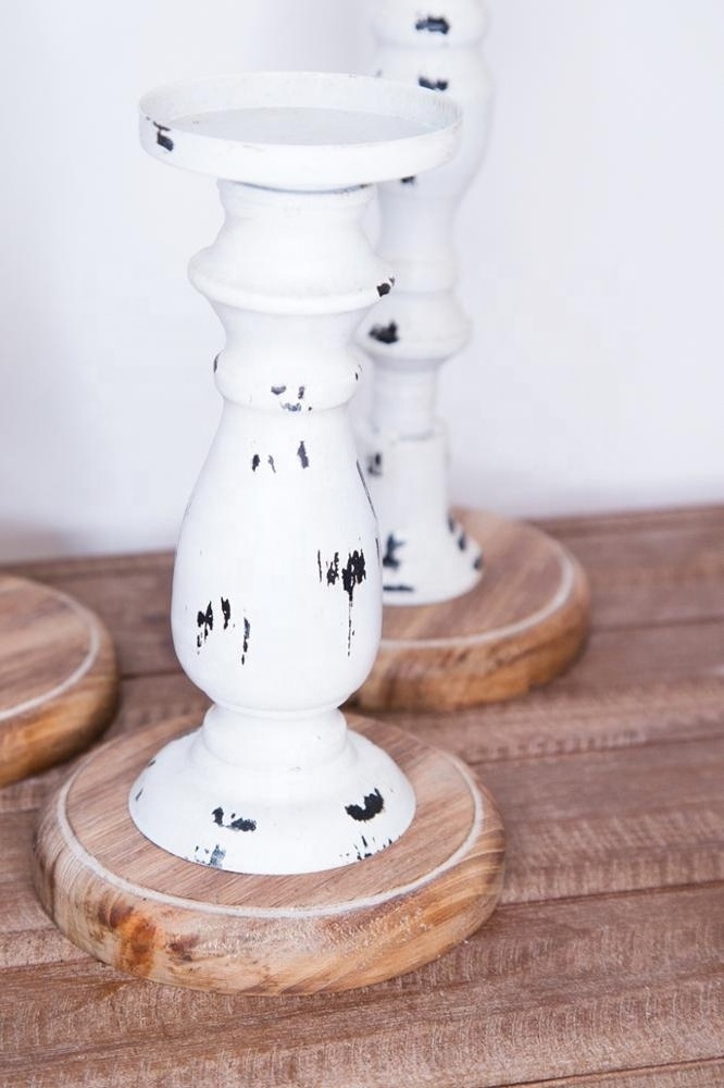 White unique rustic vintage tealight candle holder set for wedding Christmas Distressed Metal and Wood Candle holders