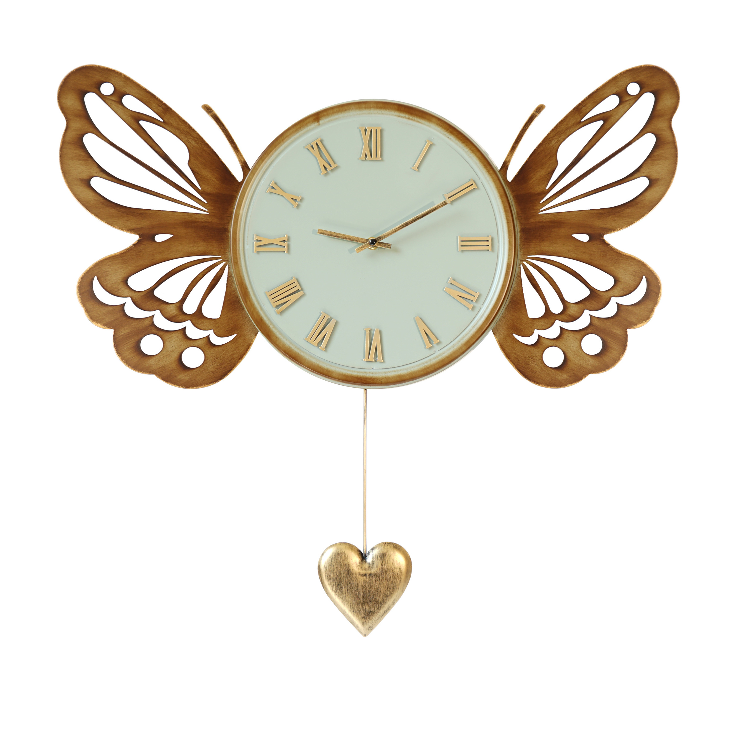 INNOVA rustic living room decorative unique butterfly shape metal wall clock with gold heart pendulum