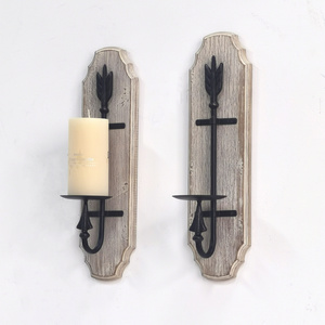 INNOVA home decoration vintage rustic double wood iron metal wall mount candle holder set of 2