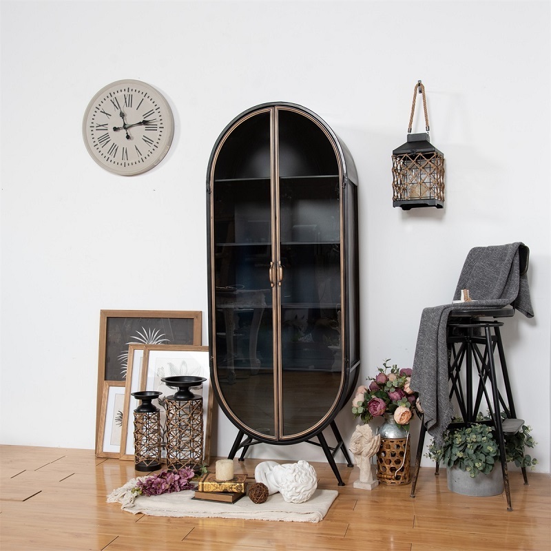 Modern Farmhouse living room Retro Arch Metal glass door Storage shoe cloth large 4 shelf console cabinet furniture black