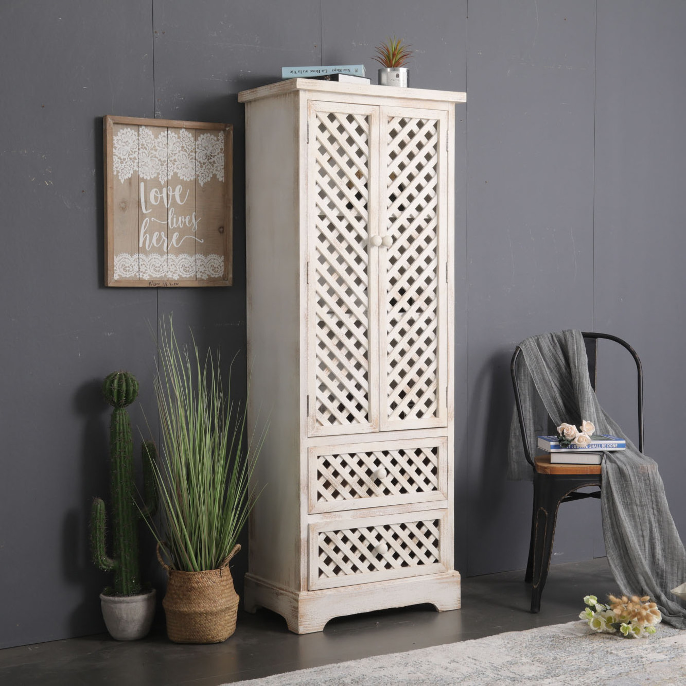 INNOVAHOME factory outlet accent plaid design solid wood tall white washed storage cabinet for living room