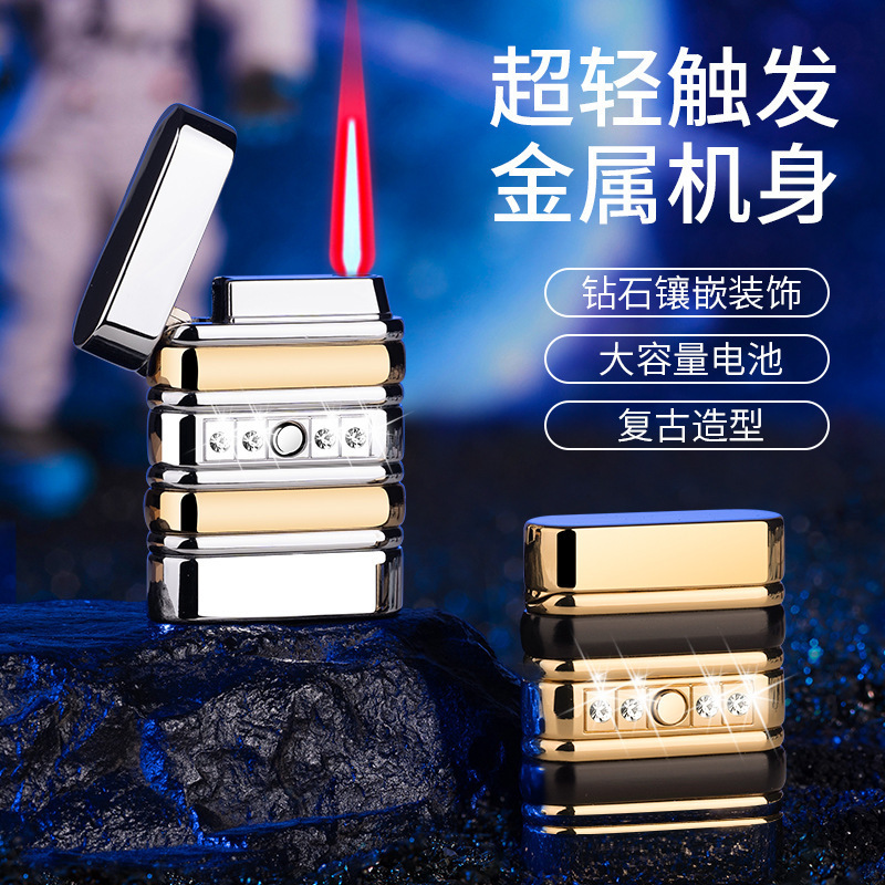 Strong windproof red flame lighter with retro shape, brick and stone inlaid zinc alloy body