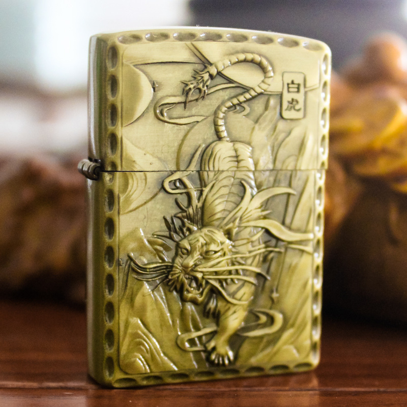 Creative Bronze Relief Kerosene Lighter, Four Great Divine Beasts, Personalized Cotton Oil Firestone Lighter