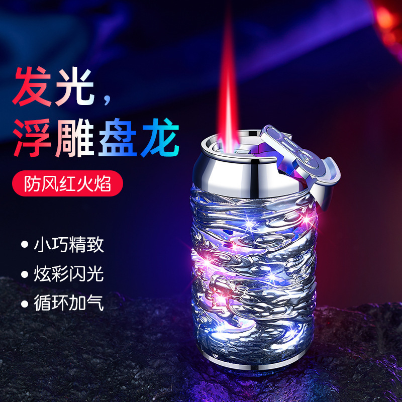 Easy to open can relief craftsmanship, dragon flash windproof lighter, plastic inflatable cigarette lighter