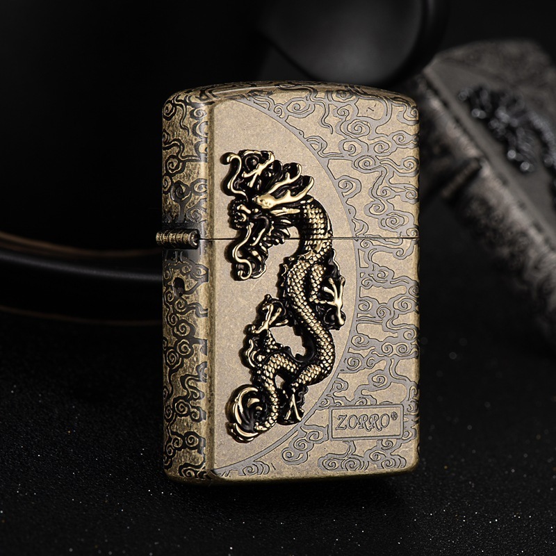 Dragon and Phoenix Emblem Bronze Retro Relief Pure Copper Shell Kerosene Lighter