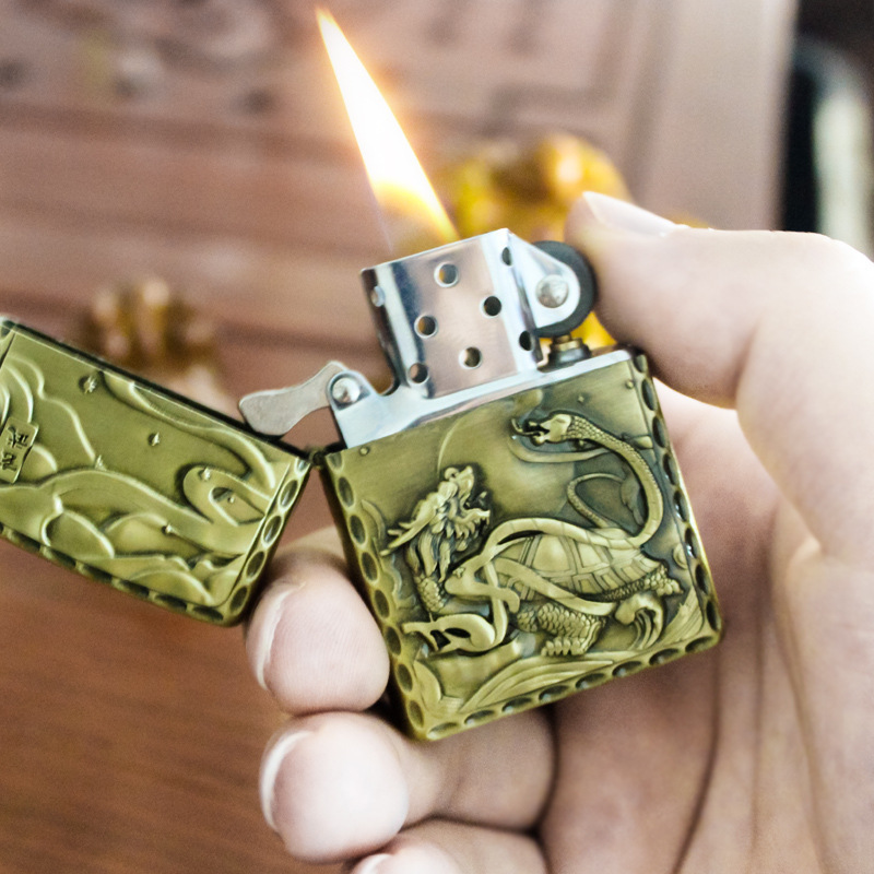 Creative Bronze Relief Kerosene Lighter, Four Great Divine Beasts, Personalized Cotton Oil Firestone Lighter