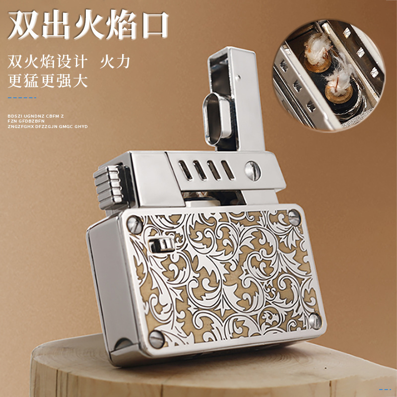 One click catapult dual flame kerosene lighter retro classic lucky flower high-end gift lighter