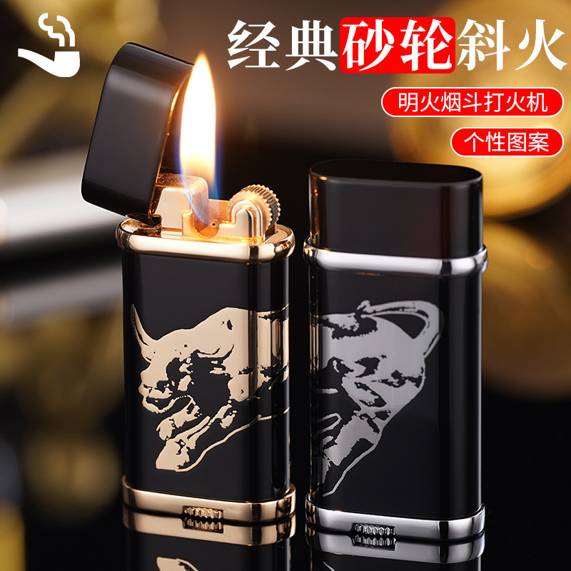 New grinding wheel oblique firing high-end electroplating resin process retro men's gift open flame inflatable lighter