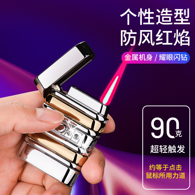 Strong windproof red flame lighter with retro shape, brick and stone inlaid zinc alloy body