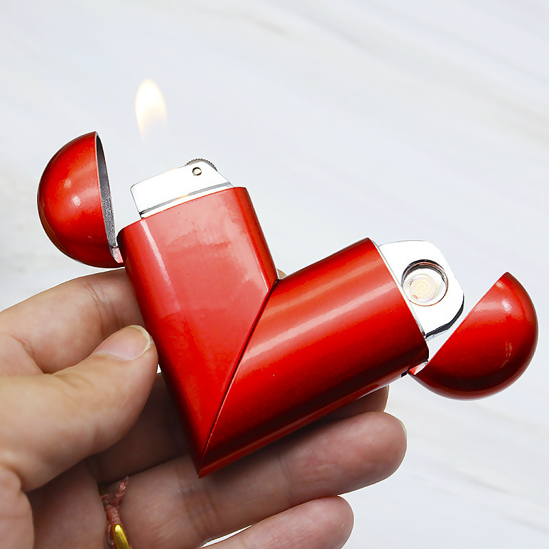 Folding Love Charging Lighter Peach Heart Double Fire Grinding Wheel Bright Thermal Power Hot Wire Cigarette Lighter Lighter