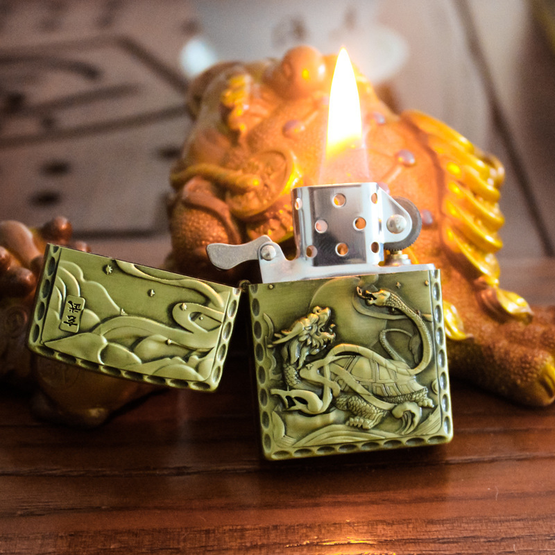 Creative Bronze Relief Kerosene Lighter, Four Great Divine Beasts, Personalized Cotton Oil Firestone Lighter