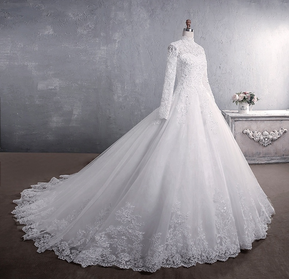 2022 New Standing Collar Lace Wedding Dresses White Fashion Big Tail Dresses Women Lady Elegant Wedding Muslim Wedding Dress