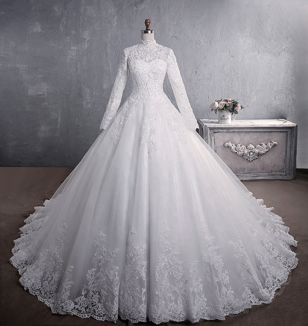 2022 New Standing Collar Lace Wedding Dresses White Fashion Big Tail Dresses Women Lady Elegant Wedding Muslim Wedding Dress