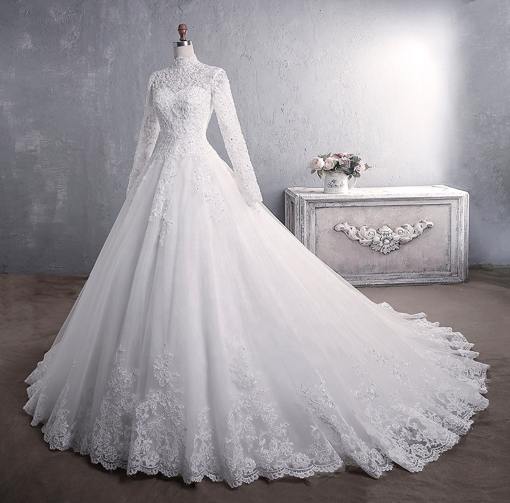 2022 New Standing Collar Lace Wedding Dresses White Fashion Big Tail Dresses Women Lady Elegant Wedding Muslim Wedding Dress