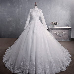 2022 New Standing Collar Lace Wedding Dresses White Fashion Big Tail Dresses Women Lady Elegant Wedding Muslim Wedding Dress