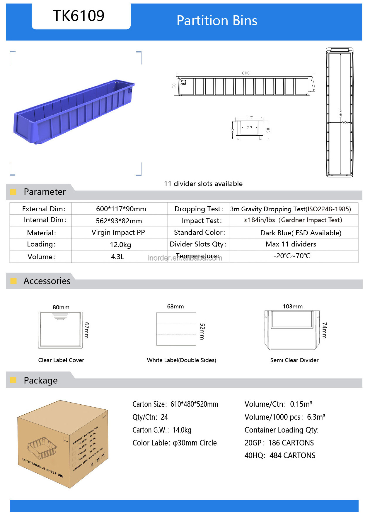 600x117x90MM Large Plastic Storage Wire Shelf Bin Industrial Accessory Storage Boxes & Bins