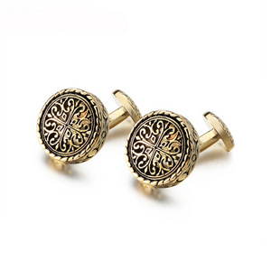 High Quality French Men's Black Epoxy Round Batch Flower Plating Gold Cufflinks