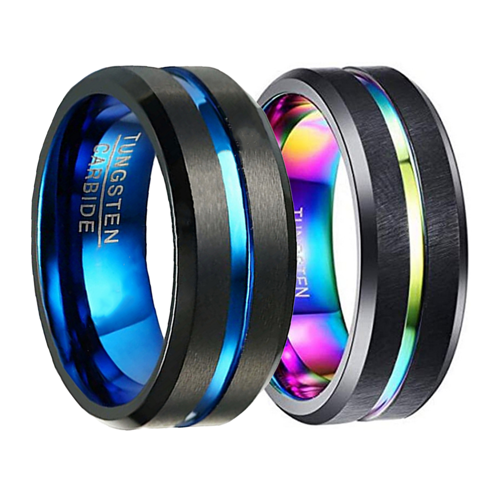 Energinox 8mm Blue Plated Multi Color Groove Tungsten Carbide Wedding Engagement Band Promise Ring for men