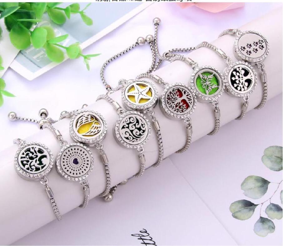 Women's Delicate Adjustable Healing Stainless Steel Diy Aroma Tree Of Life Perfume Aromatherapy Essential Oil Diffuser Bracelet