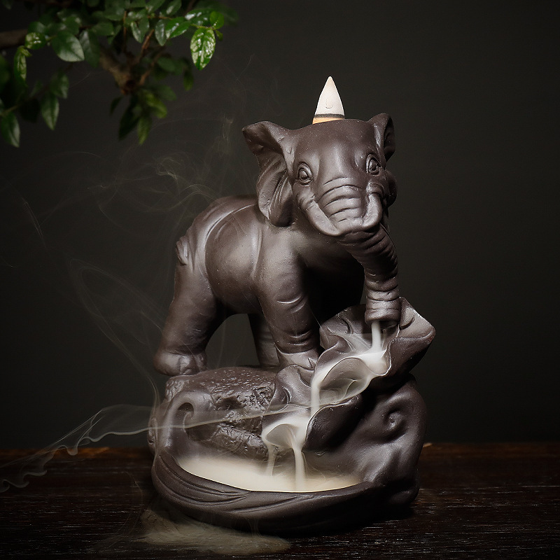 Wholesale Handmade Portable Vintage Waterfall Black Ceramic Elephant Purple Stands Custom Incense Holder Backflow Incense Burner