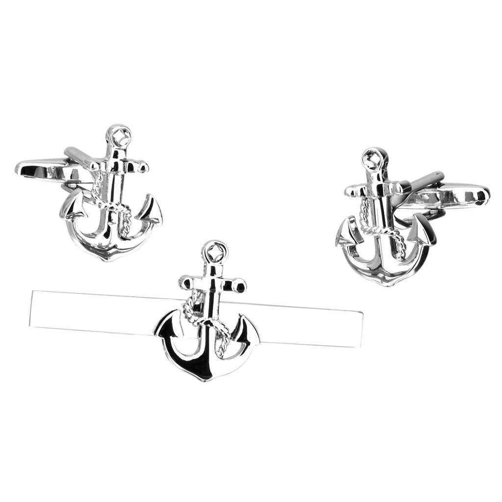 Energinox Exquisite Modern Classic Boat Anchor Design Cufflinks and Tie Clip Bar Set for Men Fathers Day Wedding Gifts with Box