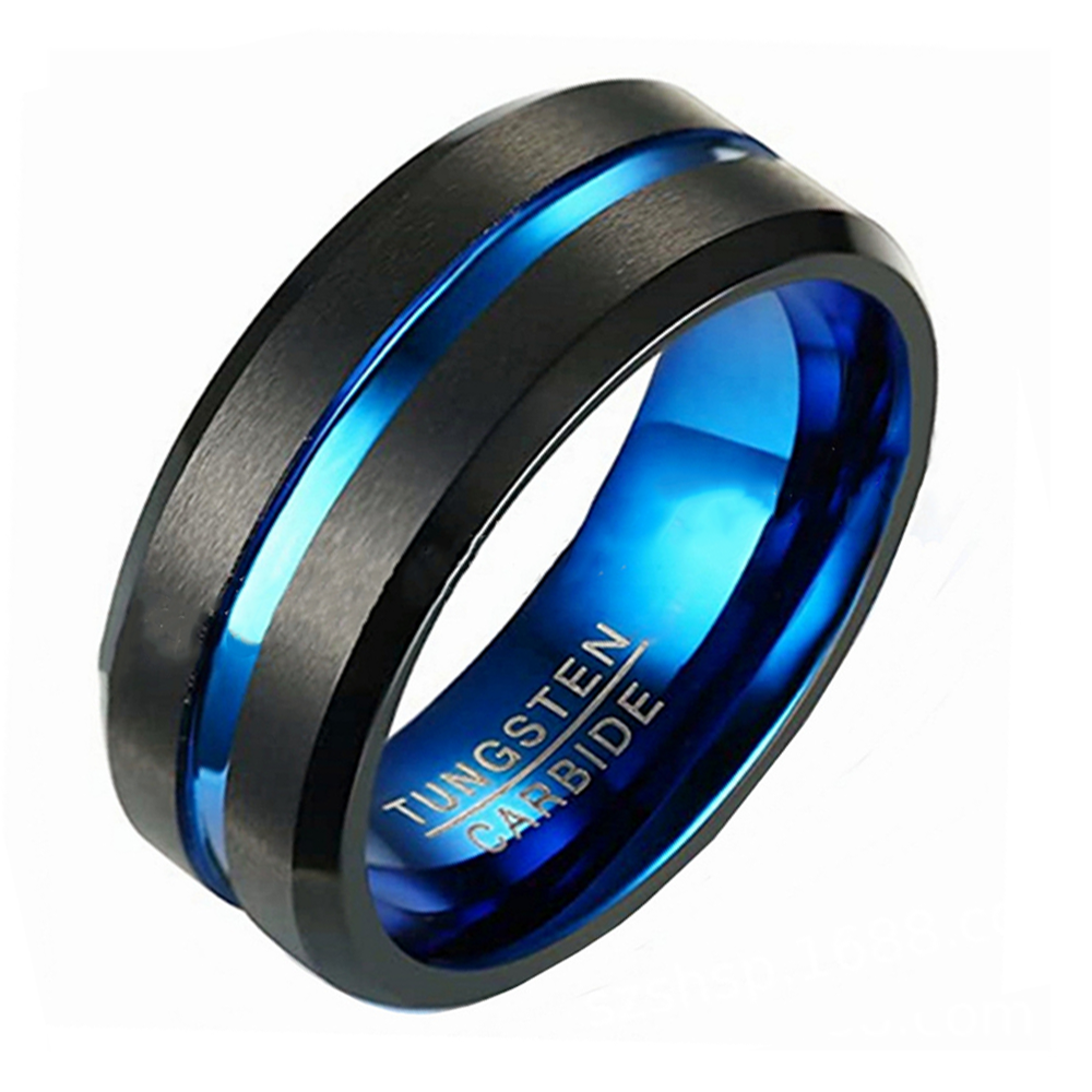 Energinox 8mm Blue Plated Multi Color Groove Tungsten Carbide Wedding Engagement Band Promise Ring for men