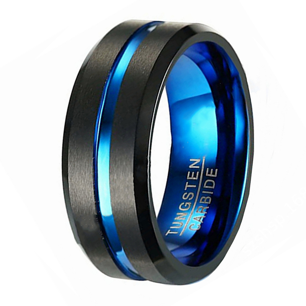 Energinox 8mm Blue Plated Multi Color Groove Tungsten Carbide Wedding Engagement Band Promise Ring for men