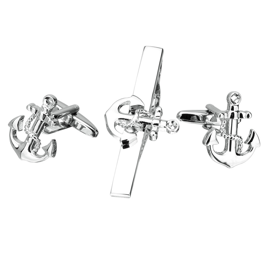 Energinox Exquisite Modern Classic Boat Anchor Design Cufflinks and Tie Clip Bar Set for Men Fathers Day Wedding Gifts with Box