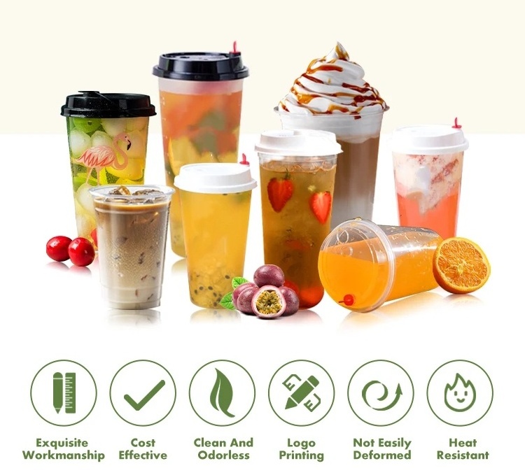 Reusable Boba Tea Cups 16 Oz 500ml 24oz 700ml Bubble Boba Tea Disposable Logo Printed Clear Milk Shake Plastic Cups With Lid