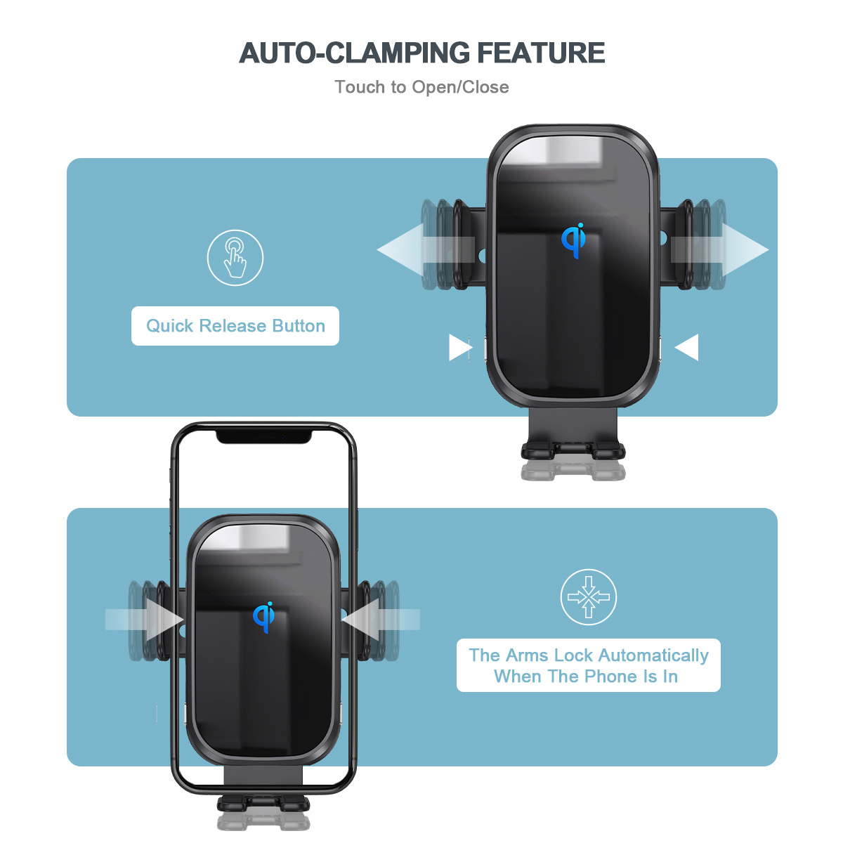 Smart Sensor 15w Car Wireless Charger For Cell Phone Automatic Clamping Suction Cup Holder Phone Mount Wireless Car Charger