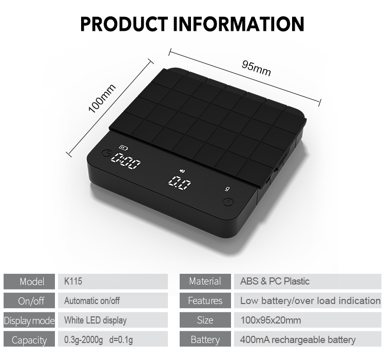 2024 New design mini 2kg 0.1g coffee scale silicone mat set type-c rechargeable espresso digital coffee scale with auto timer